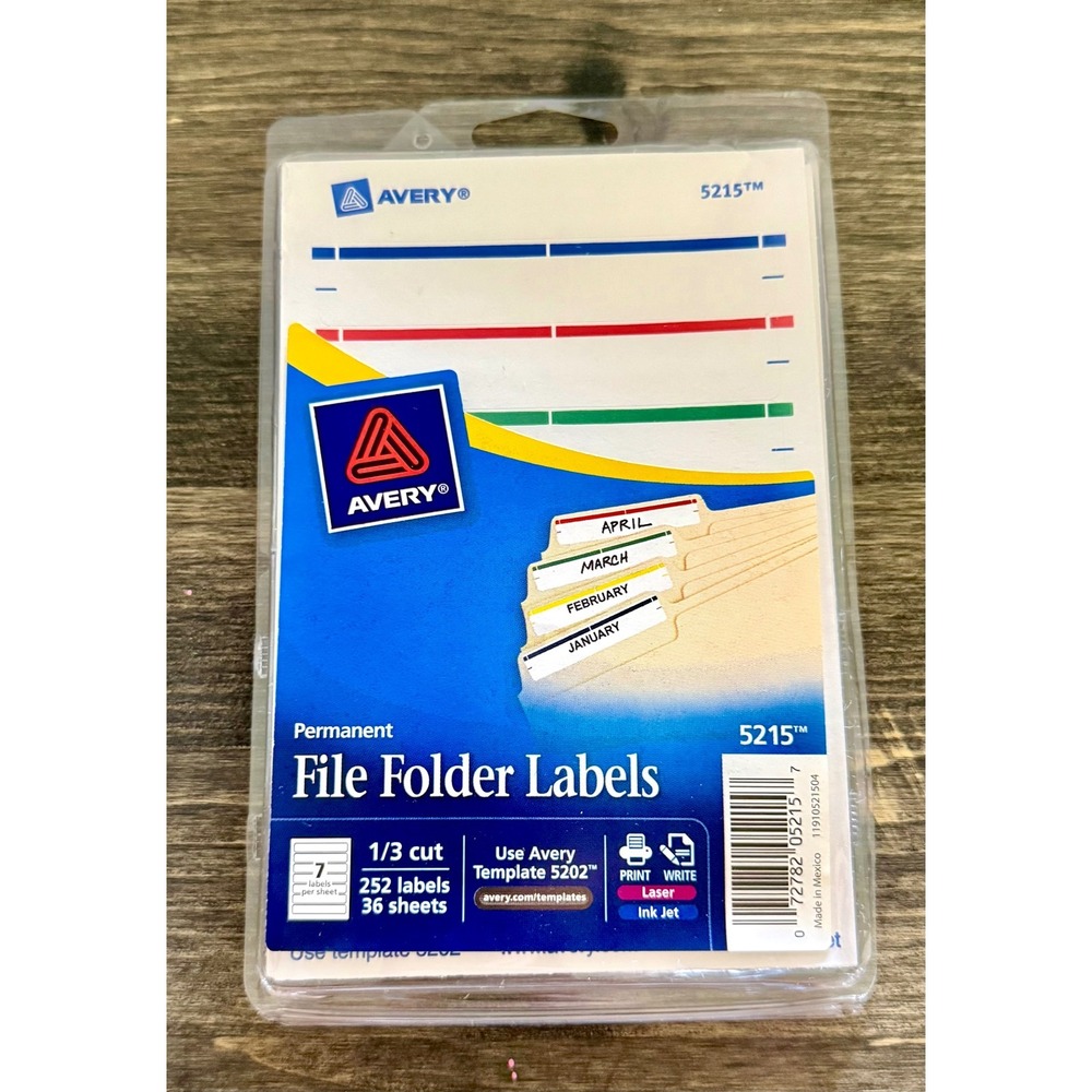 Avery 5215 File Folder Labels 1/3 Cut 252 Count White Color Stripe New